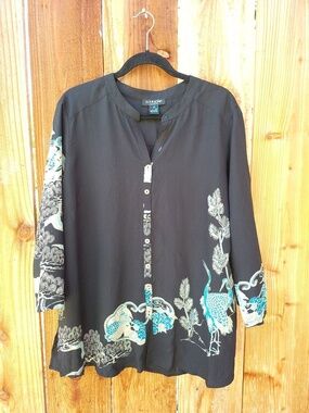 CITRON Womens 1X Art To Wear Tunic Top Black Japanese Pattern 3/4 Sleeves Silk‎